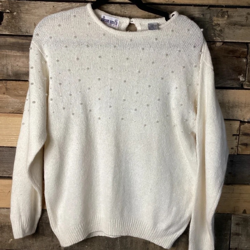 Allison Smith Faux Pearl Silk/ Angora Rabbits Hair Sweater Size MP Vintage